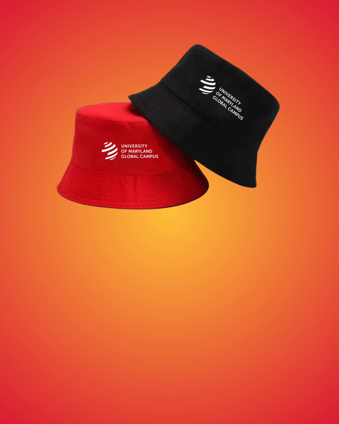 Photo of two UMGC bucket hats, one in red the second in black