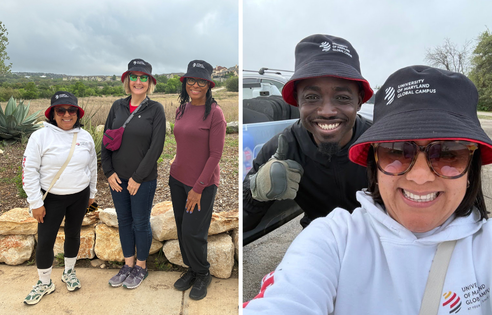 Two photos of UMGC community members in bucket hats at a park clean up in Texas