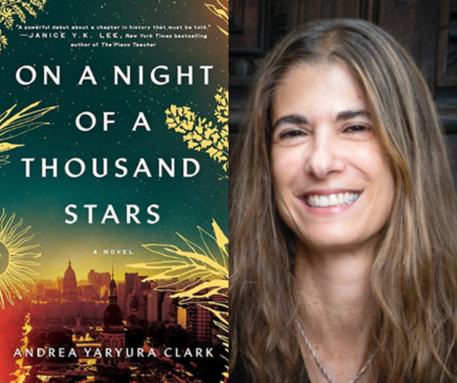 The cover of the book "On A Night Of A Thousand Stars" beside an image of the author, Andrea Clark